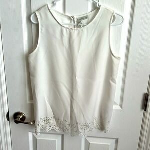Adrienne Vittadini Sleeveless Top Laser Cut Hem‎ Blouse White Size Small